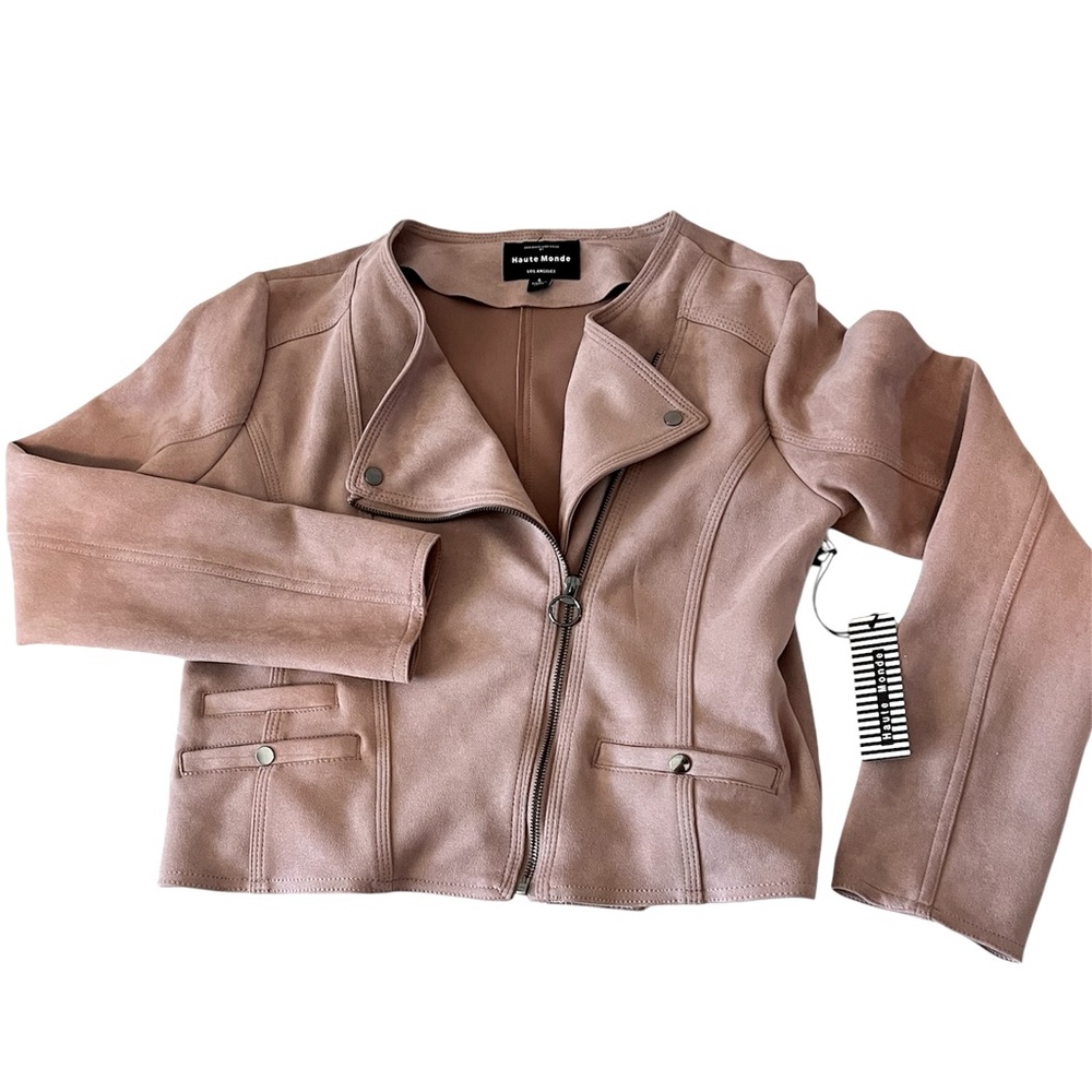 Faux Suede Biker Cropped Jacket Mauve Dusty Pink Size Large
